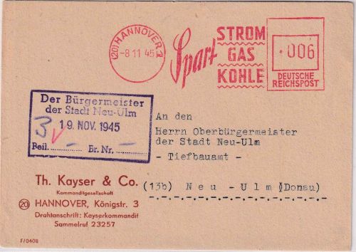 All.Bes. - (20) Hannover 8.11.45 apt. Absenderfreistempel "Spart..." Karte