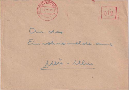 FZ/Baden - Freiburg (Breisgau) 14.12.45 12 Pfg. apt. Absenderfreistempel Brief
