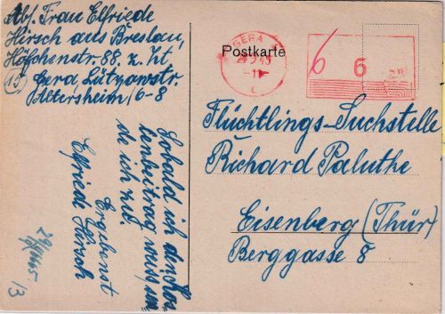 SBZ - Gera 4 24.9.45 6 Pfg. apt. Postfreistempel Katrte n. Eisenberg (Thür.)