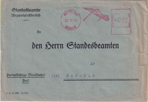 All.Bes. - Wuppertal-Barmen 22.12.45 teilapt. 12 Pfg. AFS (Schwebebahn) Brief