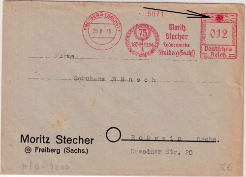 SBZ - Freiberg (Sachs) 25.8.45 12 Pfg. AFS "Stecher Lederwerke" Brief n. Roßwein
