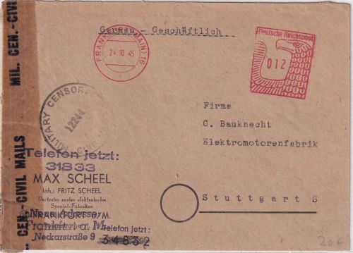 All.Bes. - Frankfurt (Main) 16 24.10.45 apt. 12 Pfg. Postalia-Freistempel Brief