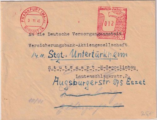 All.Bes. - Frankfurt (Main) Nordost 14 3.11.45 apt. 12 Pfg. Postalia-Freistempel