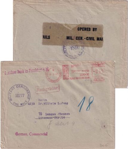 All.Bes. - Frankfurt (Main) 9 18.9.45 12 Pfg AFS "Dresdner Bank" Brief n. Langen