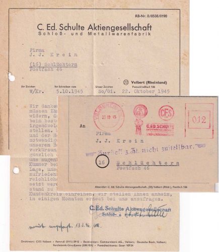 All.Bes. - Velbert 23.10.45 apt. 12 Pfg. AFS Brief "Zurück! z.Zt. nicht ...." !!