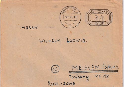 All.Bes. - Bayreuth 2 9.8.46 24 Pfg. Postfreistempel Brief n. Meissen