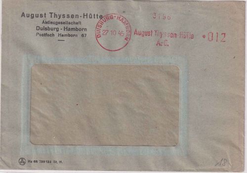 All.Bes. - Duisburg-Hamborn 27.10.45 apt. 12 Pfg. AFS "Aug. Thyssen Hütte" Brief