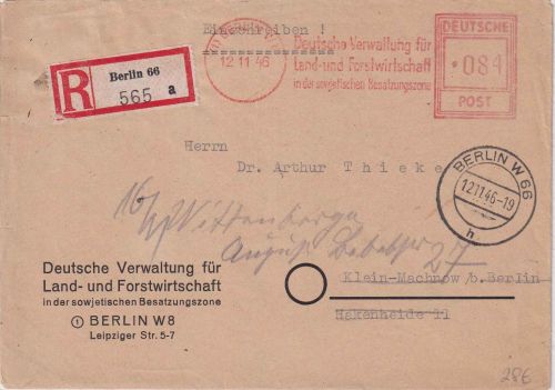 SBZ - Berlin W66 12.11.46 84 Pfg. AFS "Dt. Verwaltung f. Land- u Forstwirtschaft