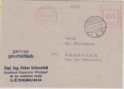 All.Bes. - Lüneburg 11.8.45 apt. 6 Pfg Absenderfreistempel Ortskarte/Sondertarif