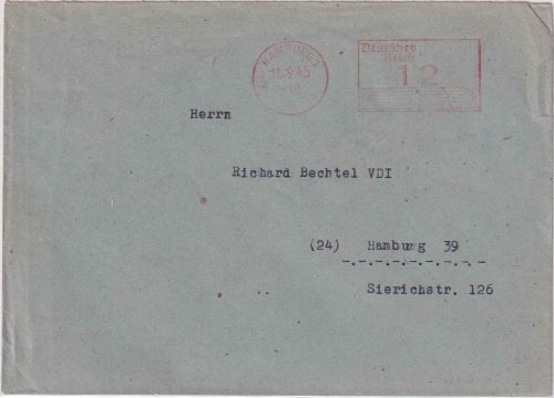 All.Bes. - Hamburg 11.8.45 12 Pfg. Postfreistempel Ortsbrief/Sondertarif