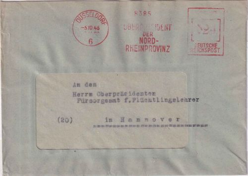 All.Bes. - Düsseldorf 5 5.10.45 24 Pfg AFS "Nord-Rheinprovinz" Brief n. Hannover