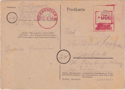All.Bes. - Hannover 1 17.8.45 6 Pfg. Behelfs-Ganzsache (apt. 6 Pfg. AFS)
