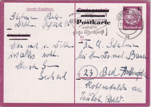DR - 6/15 Pfg. Hindenburg Ganzsache/KREIDEKARTON !! Berlin SW11 - 21.6.44