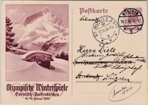 DR - 15 Pfg- Winterolympiade Ganzsachenkarte i.d. SCHWEIZ München 14.3.36