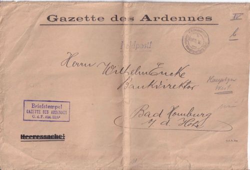 Et. West - Gr. Hauptquartier West 29.11.16 Feldpostbrief "Gazette des Ardennes"