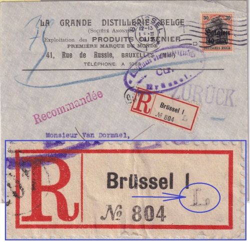 LP Belgien - 40 C./30 Pfg. Germania Einschreibebrief Brüssel 1.2.17 + Retour !
