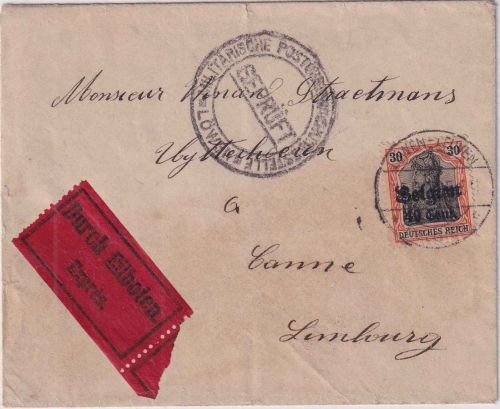 LP Belgien - 40 C./30 Pfg. Germania Eilbrief Löwen - Limburg 17.11.16 Zensur