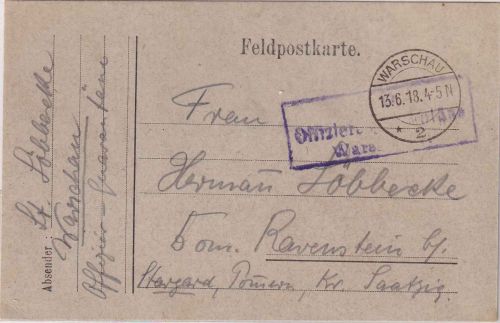 DP Polen - Offizier-Quarantäne Warschau Ra3 Feldpostkarte n. Stargard 13.6.18