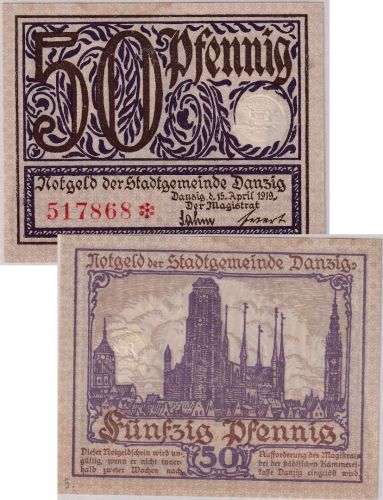 Danzig - 50 Pfg. Notgeldschein Stadtgemeinde Danzig 15. April 1919