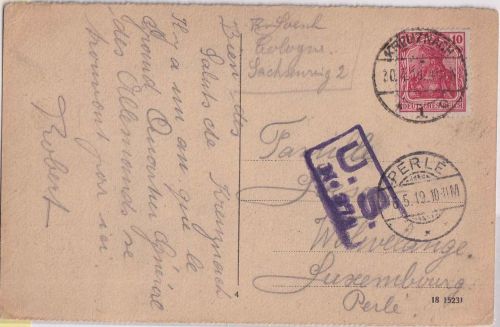 DR - 10 Pfg. Germania Karte n. LUXEMBURG Kreuznach - Perle 30.4.19 US-Zensur