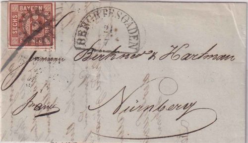 Bayern - 6 Kr. Quadrat braun überrandig Brief gMR 27 Berchtesgaden 21/7 (1852)