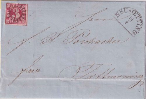Bayern - 3 Kr. Quadrat rot voll-/breitrandig Brief gMR 345 Neuötting 12/7 (1864)
