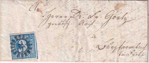 Bayern - 3 Kr. Quadrat blau breitrandig Brief gMR 12 (Ansbach 9.2.1856)