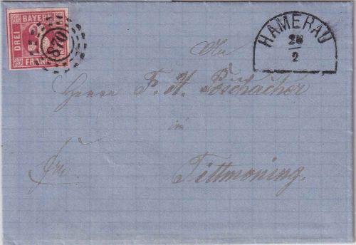Bayern - 3 Kr. Quadrat rot breitrandig Prachtbrief oMR 870 Hamerau 28/2 (1864)