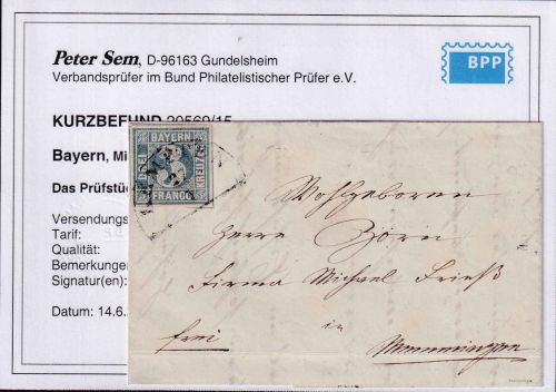 Bayern - 3 Kr. Quadrat Platte I Prachtbrief HKS Kempten 27/1 (1850) - KB Sem BPP
