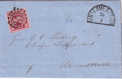 Bayern - 3 Kr. Quadrat rot (4 SL !) Prachtbrief oMR 769 Untermerzbach 25/5 1864
