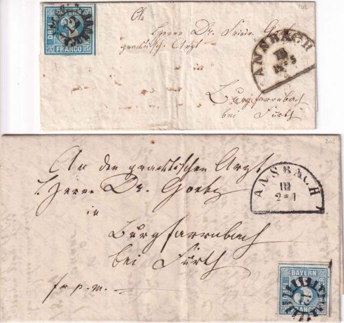 Bayern - 3 Kr. Quadrat blau 2 2 Prachtbriefe gMR 12 (2 Typen !) Ansbach 1854/55