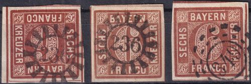 Bayern - 6 Kr. Quadrat braun 2xgMR 236 1xoMR 349 Neustadt a/H - 3 Stück