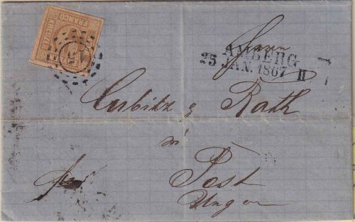 Bayern - 9 Kr. Quadrat braun Brief n. UNGARN oMR 15 L2 Amberg 25. JAN 1867