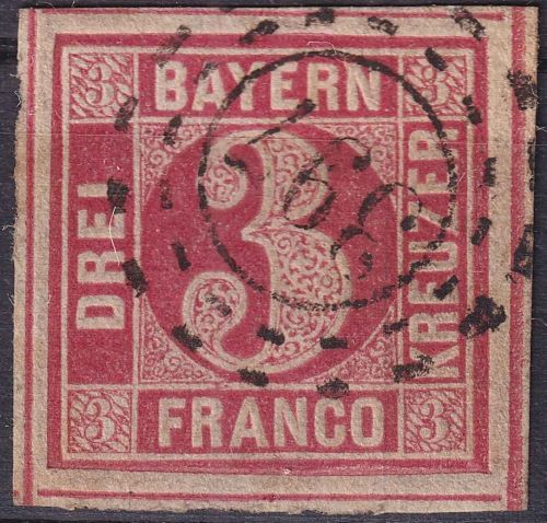 Bayern - 3 Kr. Quadrat rot überrandig (4 SL !) sauber gestpl. oMR 397 Pirmasens