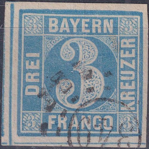 Bayern - 3 Kr. Quadrat blau breit-/überrandig oMR 349 Neustadt a/H.
