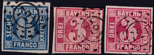 Bayern - 6 + 2x3 Kr. Quadrat blau/rot alle voll-/breitrandig oMR 721 Mussbach