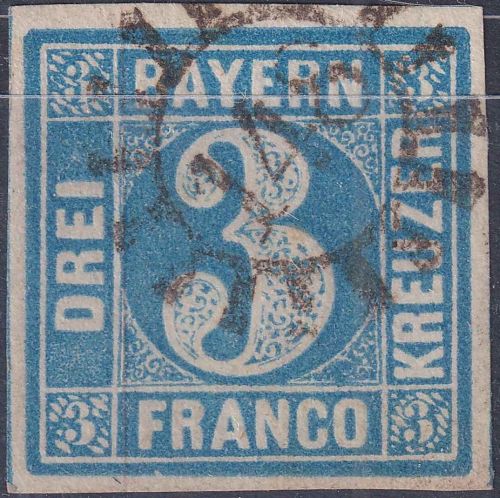 Bayern - 3 Kr. Quadrat blau allseits breitrandig gMR 148 Kaiserslautern