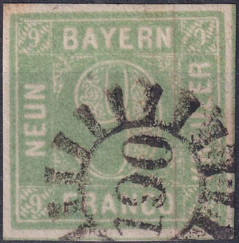 Bayern - 9 Kr. Quadrat grün/a-Farbe breitrandig gMR 190 Ludwigshafen gepr Brettl