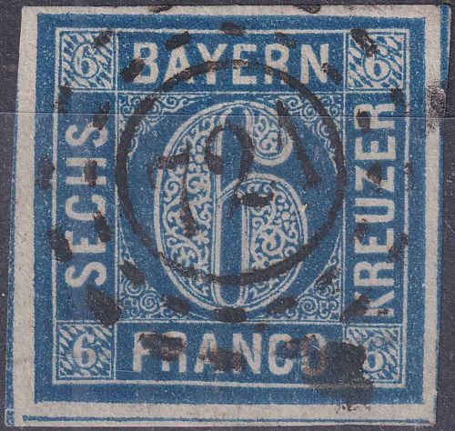 Bayern - 6 Kr. Quadrat blau breitrandig fast zentrisch oMR 721 Mussbach