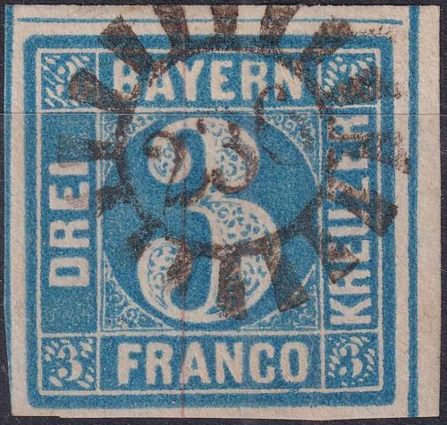 Bayern - 3 Kr. Quadrat blau Randstück/breitrandig gMR 236 Neustadt a/H.