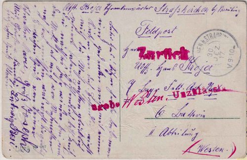 Bayern - Straßkirchen b. Straubing Feldpostkarte L1 "Zurück" - Zensur !