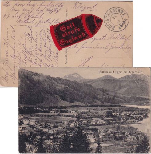 Bayern - Rottach-Egern 1917 Feldpostkarte Propaganda-Aufkleber "Gott strafe..."