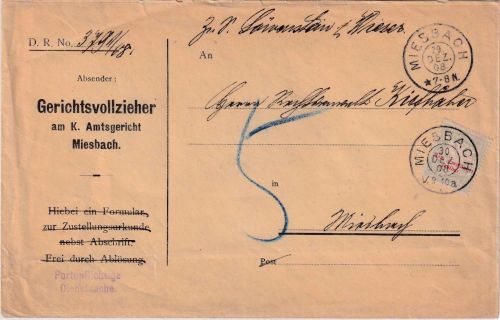 Bayern - 5 Pfg. Portomarke Ortsbrief Miesbach 30. DEZ 1908