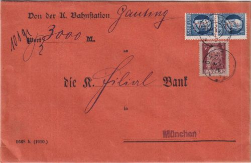 Bayern - 50+2x20 Pfg. Ludwig/Luitpold E-Lochung Wertbrief Gauting - München 1916