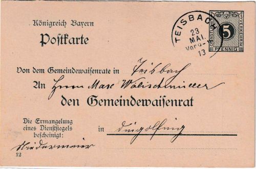 Bayern - 5 Pfg. Ganzsache Gemeindewaisenrat F-Teil Teisbach - Dingolfing 1913
