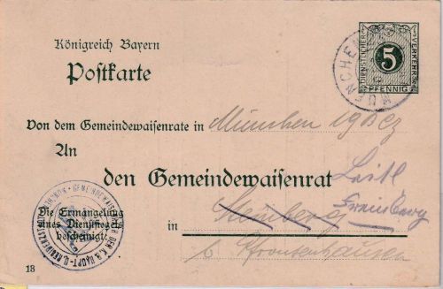 Bayern - 5 Pfg. Ganzsache Gemeindewaisenrat F-Teil München - Steinberg 1914
