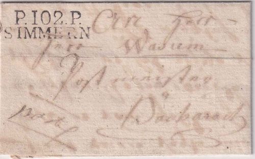 Preussen/Rhein-Mosel Dep. - P102P Simmern L2 portofr. Brief n. Bacharach 1813