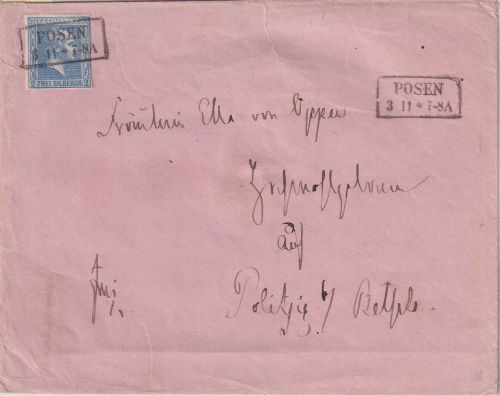 Preussen - 2 Sgr. Ausg. 1858/60 rosa Damenbrief Ra2 Posen 3/11 - Politzig