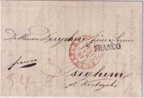 Thurn&Taxis/Belgien - Frankfurt 18. MAI 1845 roter K2 + L1 Franco Brief m Inhalt