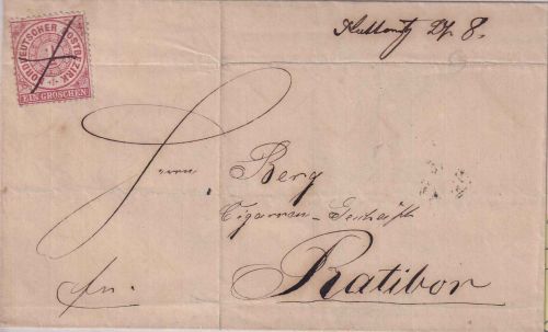 NDP - Kattowitz 27/8 hds. Ortsangabe u. Federzugentwertung Brief n. Ratibor 1869